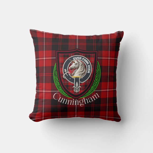 Cunningham Scottish Clan Tartan & Crest Cushion (Front)