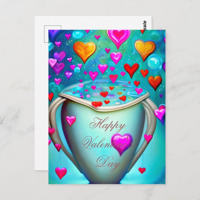 Cup bursting with hearts valentine postcard (Front/Back)