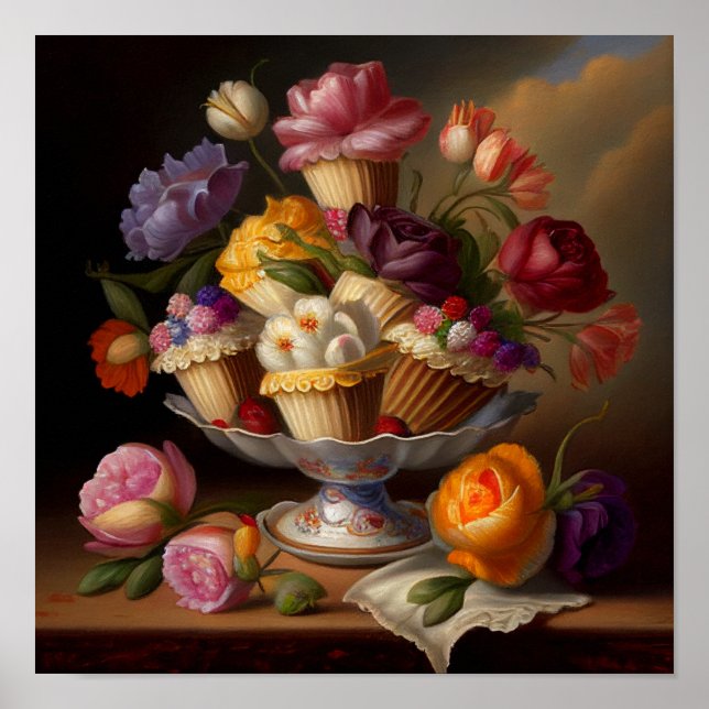 Cup Cakes and Flowers Still Life Art Poster (Front)