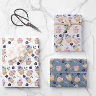 Cup Cakes And Fruits Watercolor Pattern Wrapping Paper Sheet