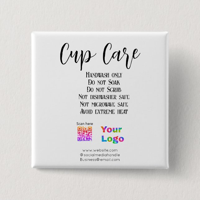 Cup care instructions add business name logo detai 15 cm square badge (Front)