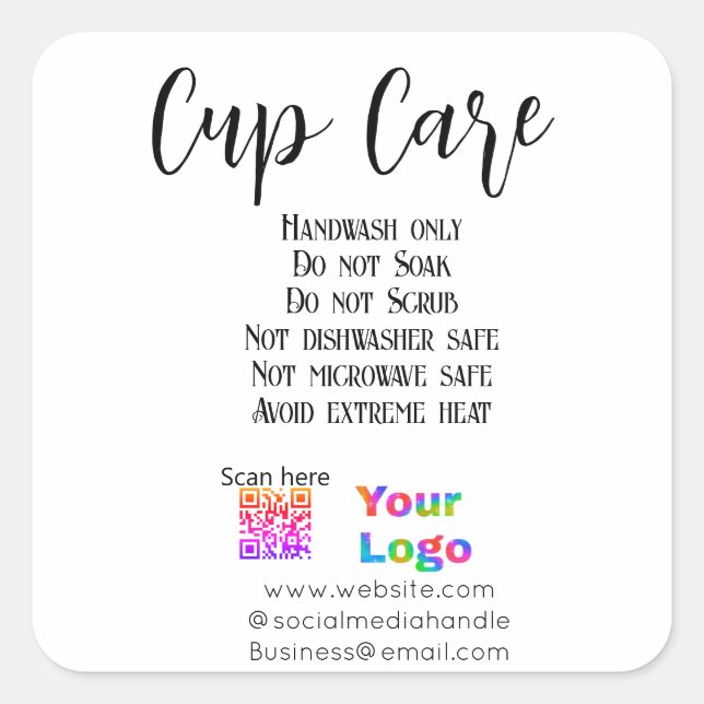 Cup care instructions add business name logo detai square sticker (Front)