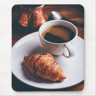 Cup of Black Coffee and Fresh Croissant Mouse Mat