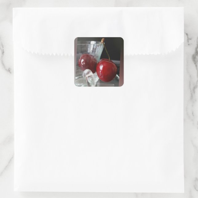 Cup of cherries square sticker (Bag)