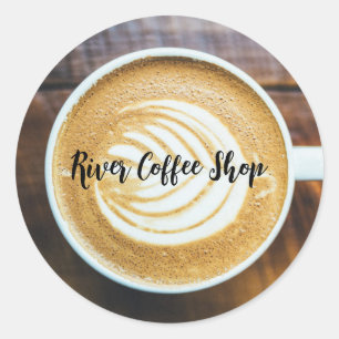Cup of Coffee Latte Leaf-Shape Foam on Wood Name Classic Round Sticker