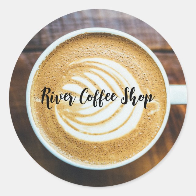 Cup of Coffee Latte Leaf-Shape Foam on Wood Name Classic Round Sticker (Front)