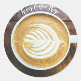Cup of Coffee Latte Leaf-Shape Foam on Wood Name Classic Round Sticker