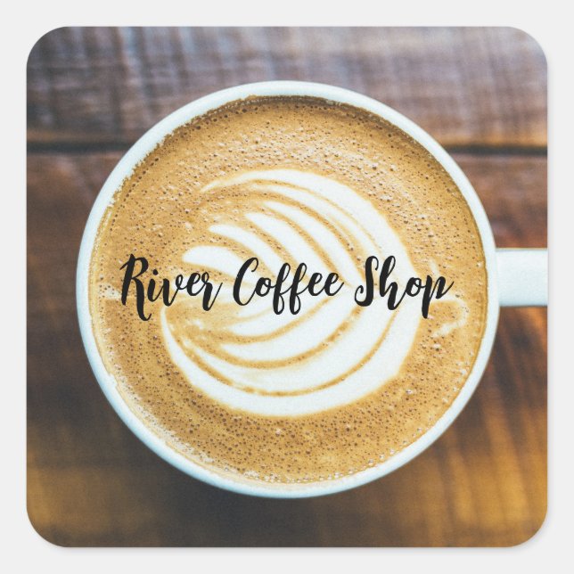 Cup of Coffee Latte Leaf-Shape Foam on Wood Name Square Sticker (Front)