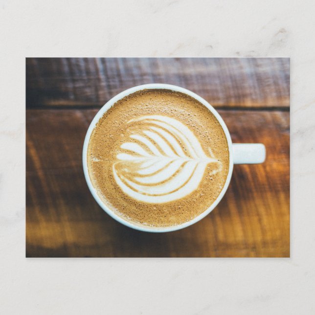 Cup of Coffee Latte with Leaf-Shape Foam on Wood Postcard (Front)