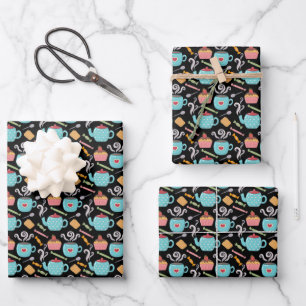Cup of Coffee Tea Biscuit Cupcake Teapot Black Wrapping Paper Sheet