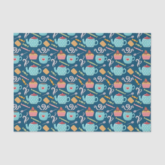 Cup of Coffee Tea Biscuit Cupcake Teapot Blue Tissue Paper (Front)