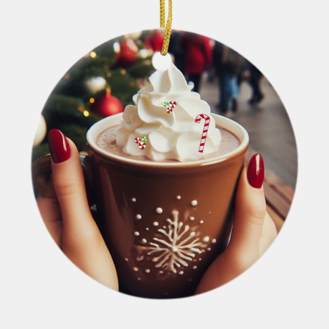 Cup of Holiday Cocoa With Whip Ceramic Tree Decoration (Front)