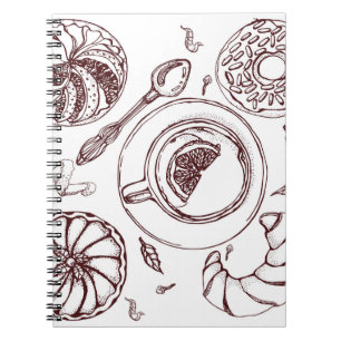 Cup of tea, a pastry, croissant, vintage, hand notebook
