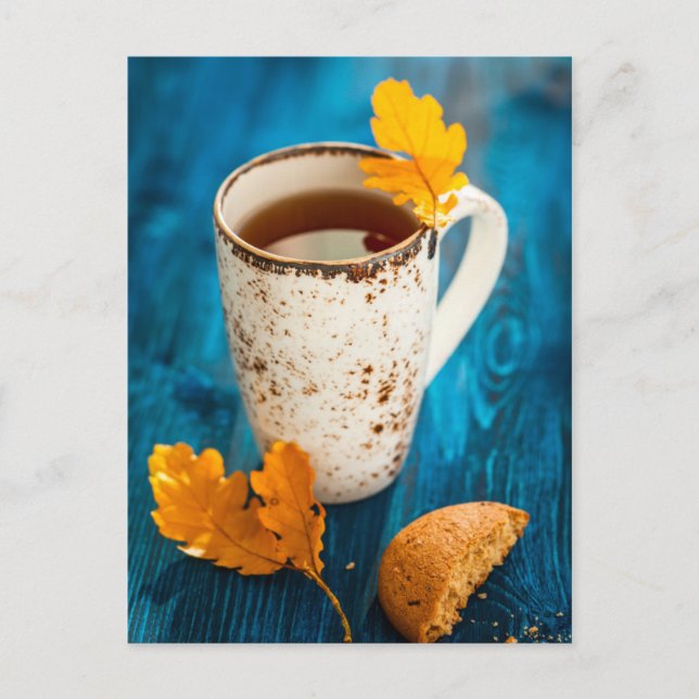Cup Of Tea And Autumn Leaves On Blue Wooden Postcard (Front)