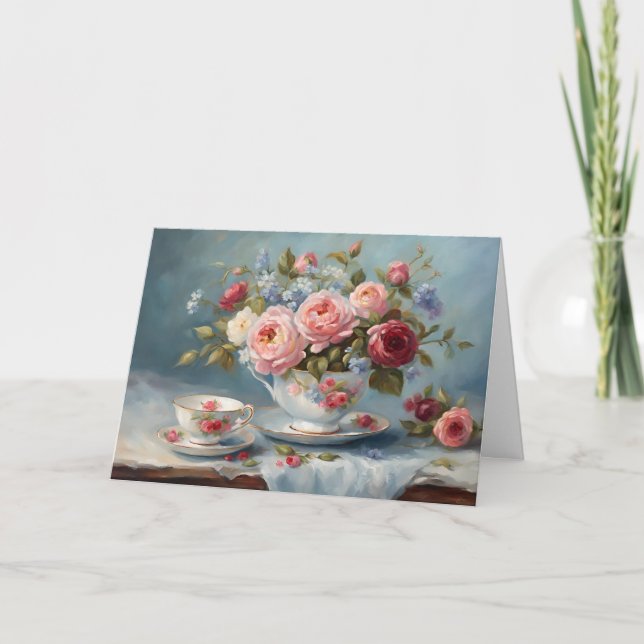 Cup of Tea with Beautiful Flowers  Card (Front)