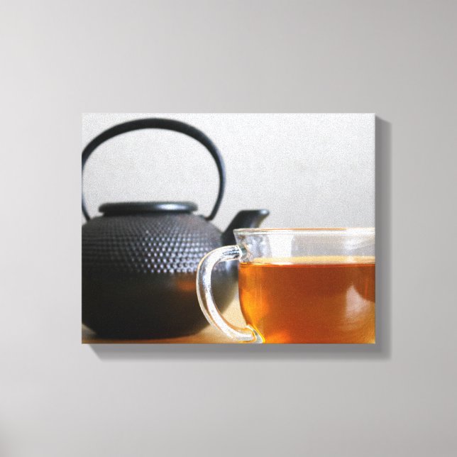 Cup of Tea with Black Metal Tea Kettle 11x14 Canvas Print (Front)