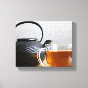 Cup of Tea with Black Metal Tea Kettle 8x10 Canvas Print