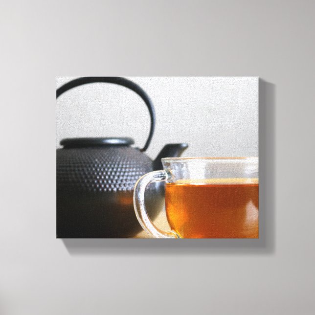 Cup of Tea with Black Metal Tea Kettle 8x10 Canvas Print (Front)