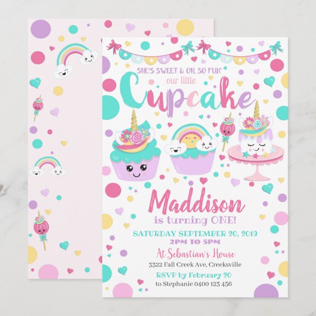 Cupcake 1st Birthday Invitation - Unicorn Cupcake (Front/Back)
