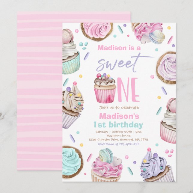 Cupcake 1st Birthday Party Sweet One Candy Party Invitation (Front/Back)
