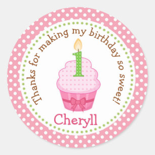 Cupcake 1st Birthday Thank You Stickers (Pink)