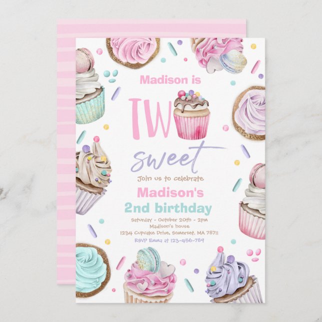 Cupcake 2nd Birthday Party Two Sweet Candy Party Invitation (Front/Back)