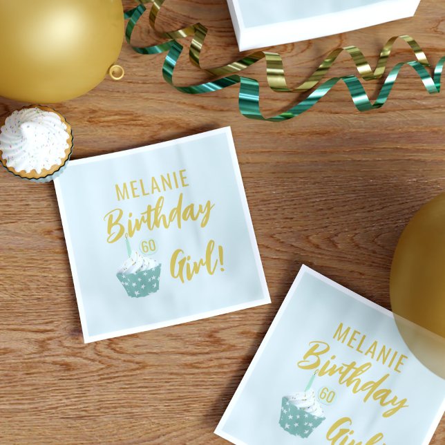 Cupcake 60th Birthday Girl Mint Green Napkin (🧁 More cupcakes! Happy Birthday to you 🧁)