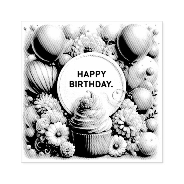 cupcake and balloon birthday rubber stamp (Imprint)