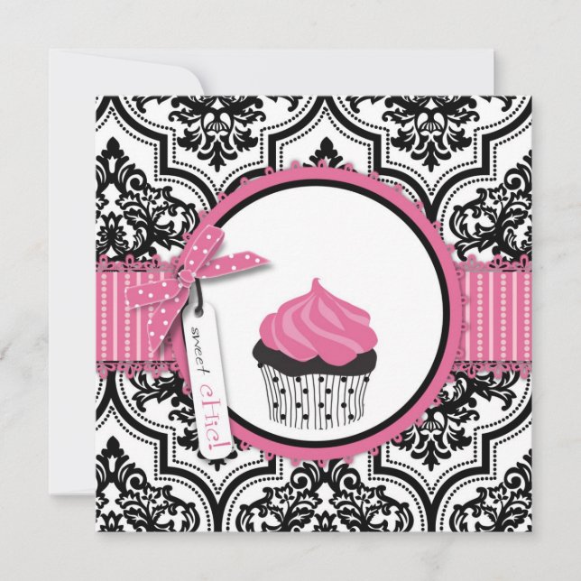 Cupcake and Damask Print Birthday Card (Front)