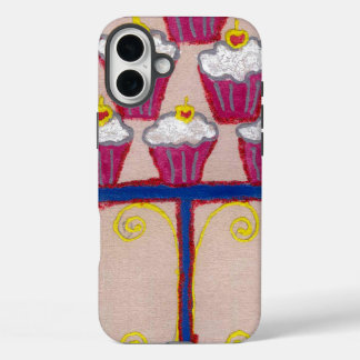 Cupcake Art Print with Cherry and Pink Background iPhone 16 Plus Case