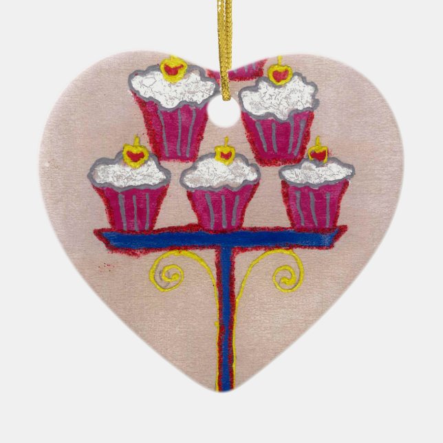 Cupcake Art Print with Cherry and Pink Background Ceramic Tree Decoration (Front)