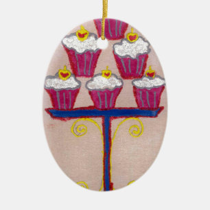 Cupcake Art Print with Cherry and Pink Background Ceramic Tree Decoration