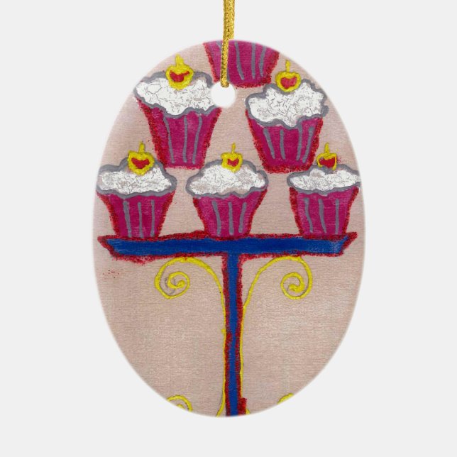 Cupcake Art Print with Cherry and Pink Background Ceramic Tree Decoration (Front)