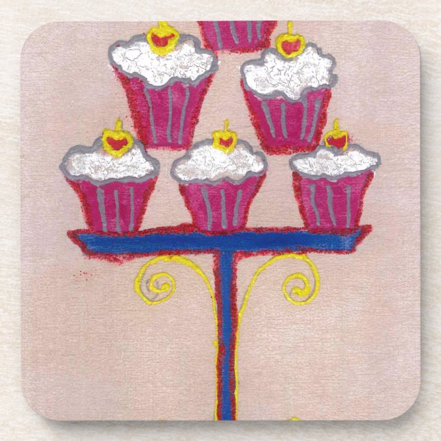 Cupcake Art Print with Cherry and Pink Background Coaster (Front)