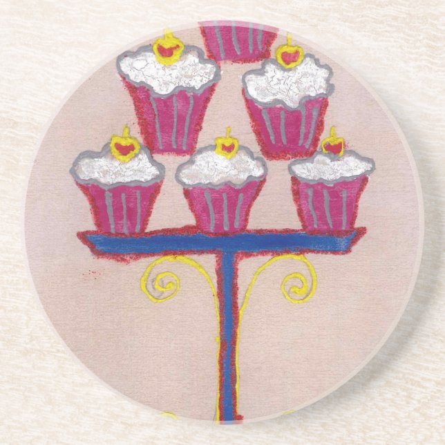 Cupcake Art Print with Cherry and Pink Background Coaster (Front)