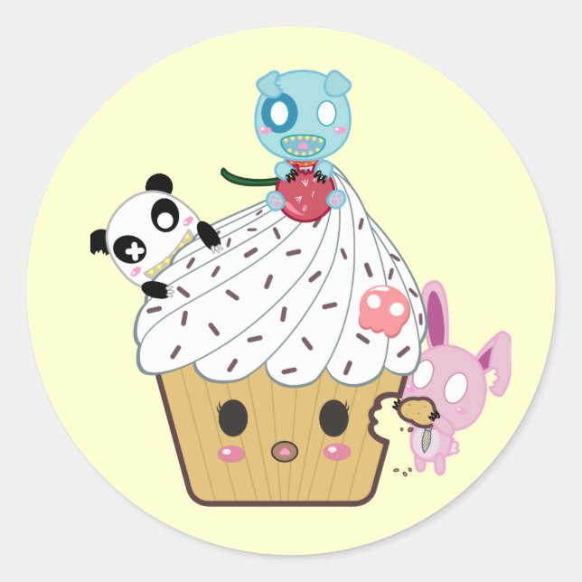 Cupcake Attack! (>_<) Classic Round Sticker (Front)
