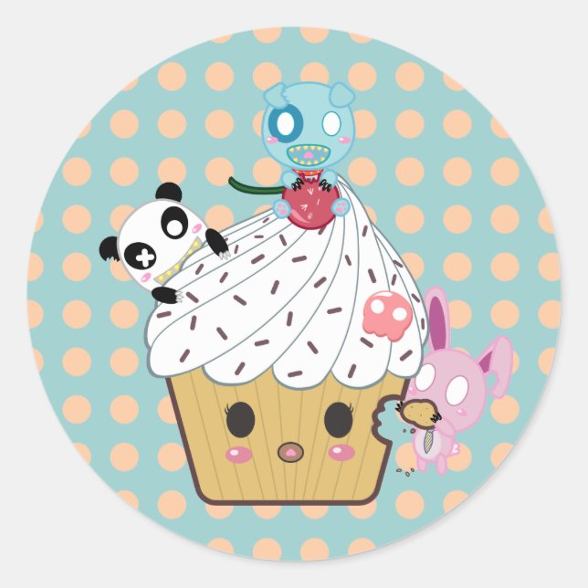 Cupcake Attack! (>_<) Classic Round Sticker (Front)