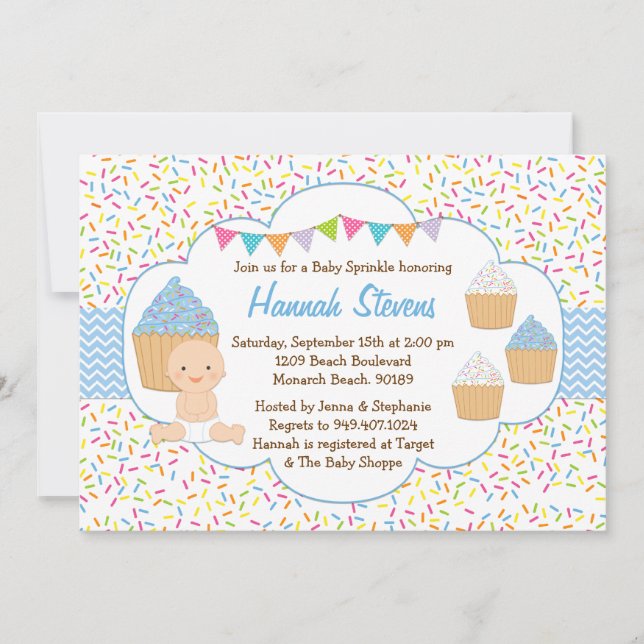 Cupcake Baby Sprinkle Shower Invitation Blue Boy (Front)