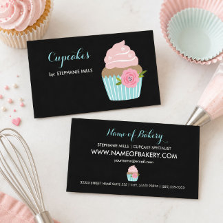 Cupcake Bakery Black Aqua Floral Business Card