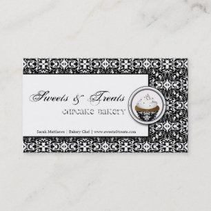 Cupcake Bakery Black White Damask Business Card