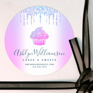 Cupcake Bakery Chef Chic Purple Blue Glitter Drips Classic Round Sticker