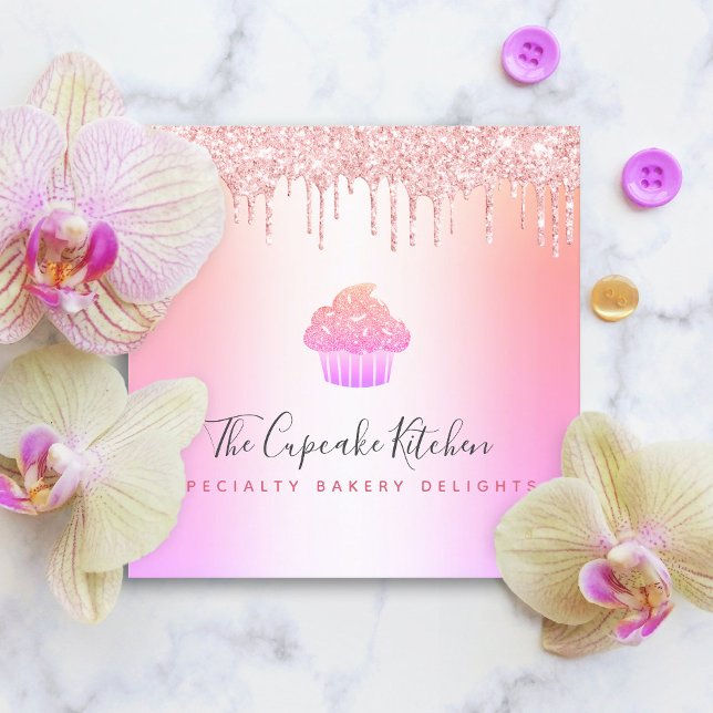 Cupcake Bakery Chef Pink Rainbow Rose Glitter Drip Square Business Card (Creator Uploaded)