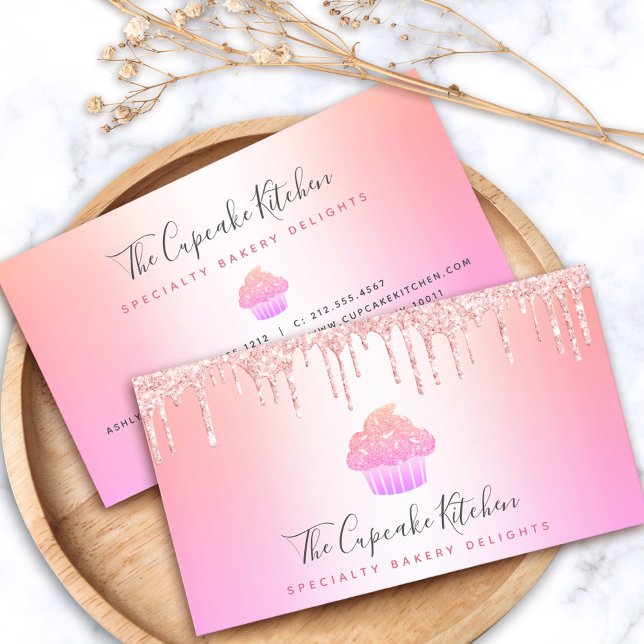 Cupcake Bakery Chef Pink Rose Glitter Drip Rainbow Business Card (Creator Uploaded)