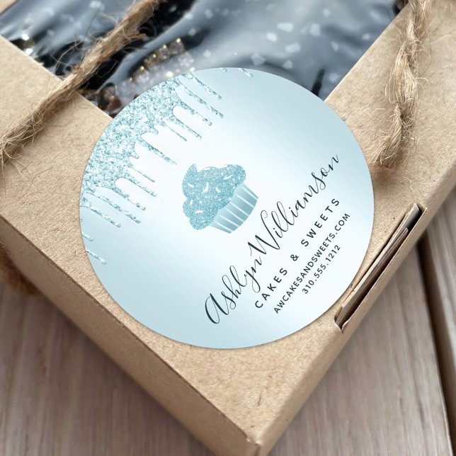 Cupcake Bakery Chef Turquoise Glitter Drips Chic Classic Round Sticker (Creator Uploaded)