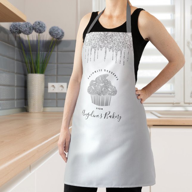 Cupcake Bakery Chic Sliver Glitter Drips Script Apron (Creator Uploaded)