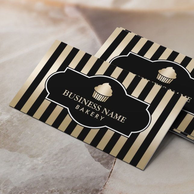 Cupcake Bakery Classy Black & Gold Stripes Modern Business Card (Creator Uploaded)