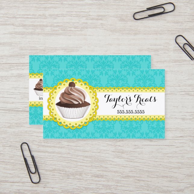 Cupcake Bakery Damask Scalloped Border Business Card (Front/Back In Situ)