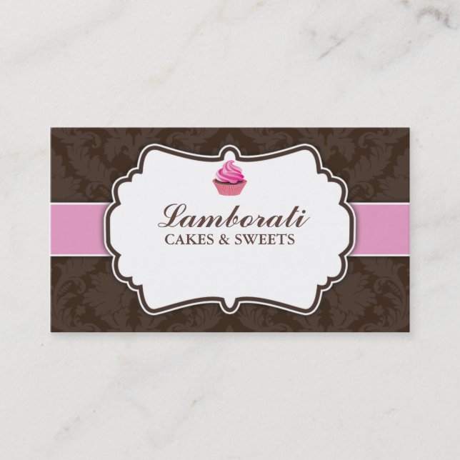 Cupcake Bakery Elegant Damask Floral Pattern Business Card (Front)