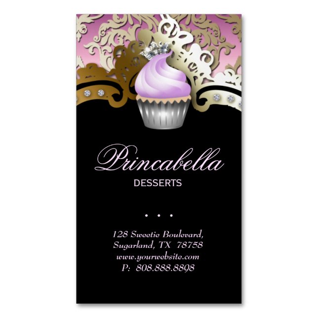 Cupcake Bakery Elegant Damask Purple Gold Magnetic Business Card (Front Vertical)