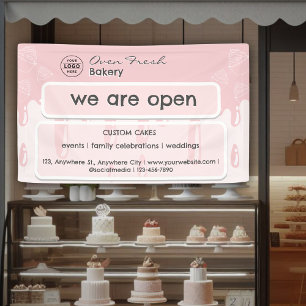 Cupcake Bakery Logo We Are Open Pink Banner